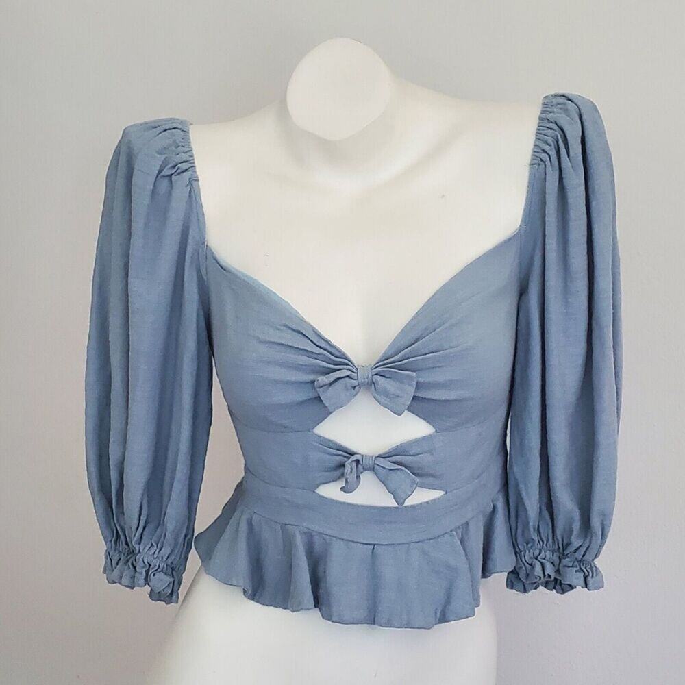 Selfie Leslie Light Blue Puff Sleeve Tie-Front Peplum Top